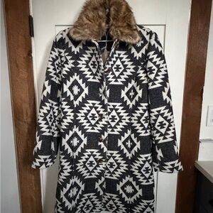 Aztec Patterned Black and White Pea Coat with Faux Fur Collar
